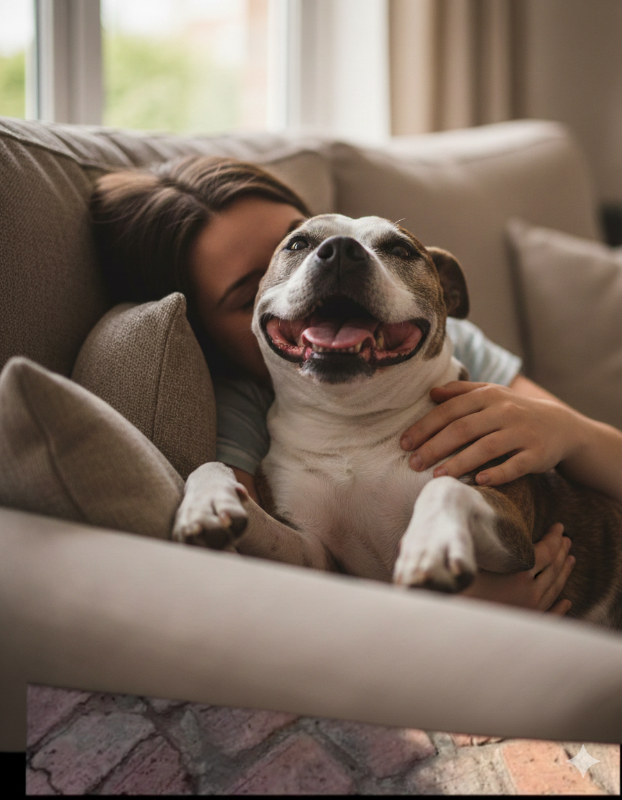 Girl cuddling a Staffie on the couch