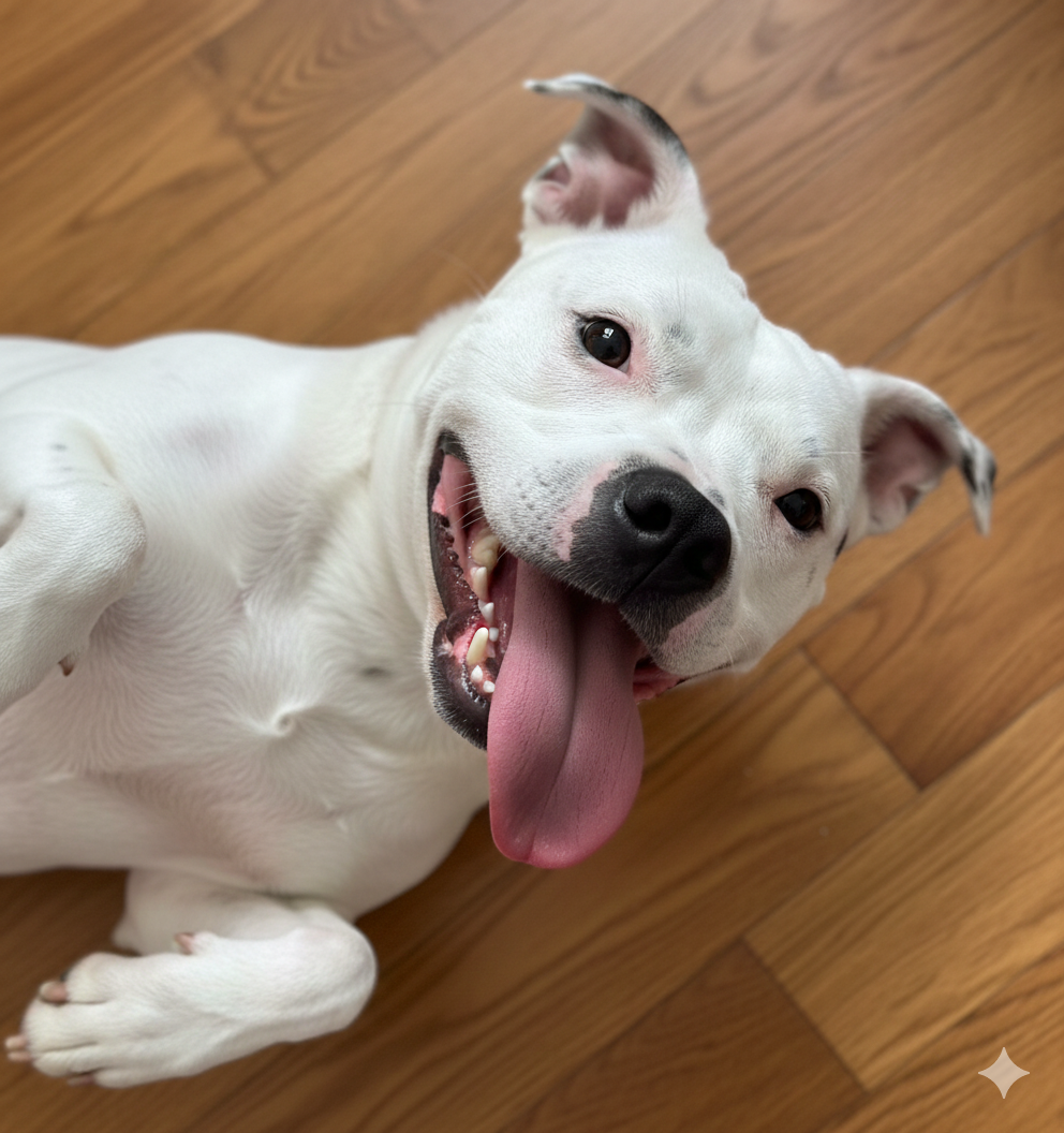 White Staffie smiling on the floor