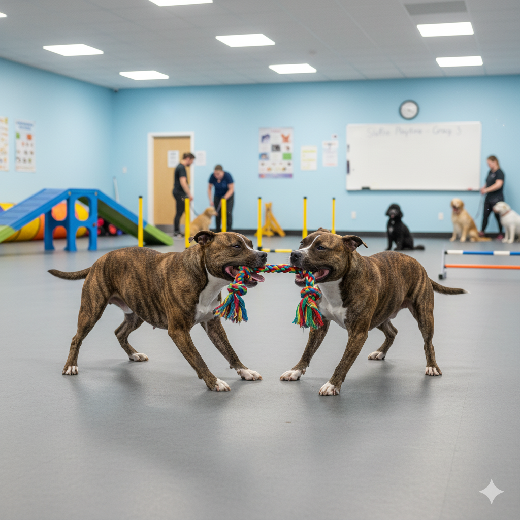 Two Staffies playing tug