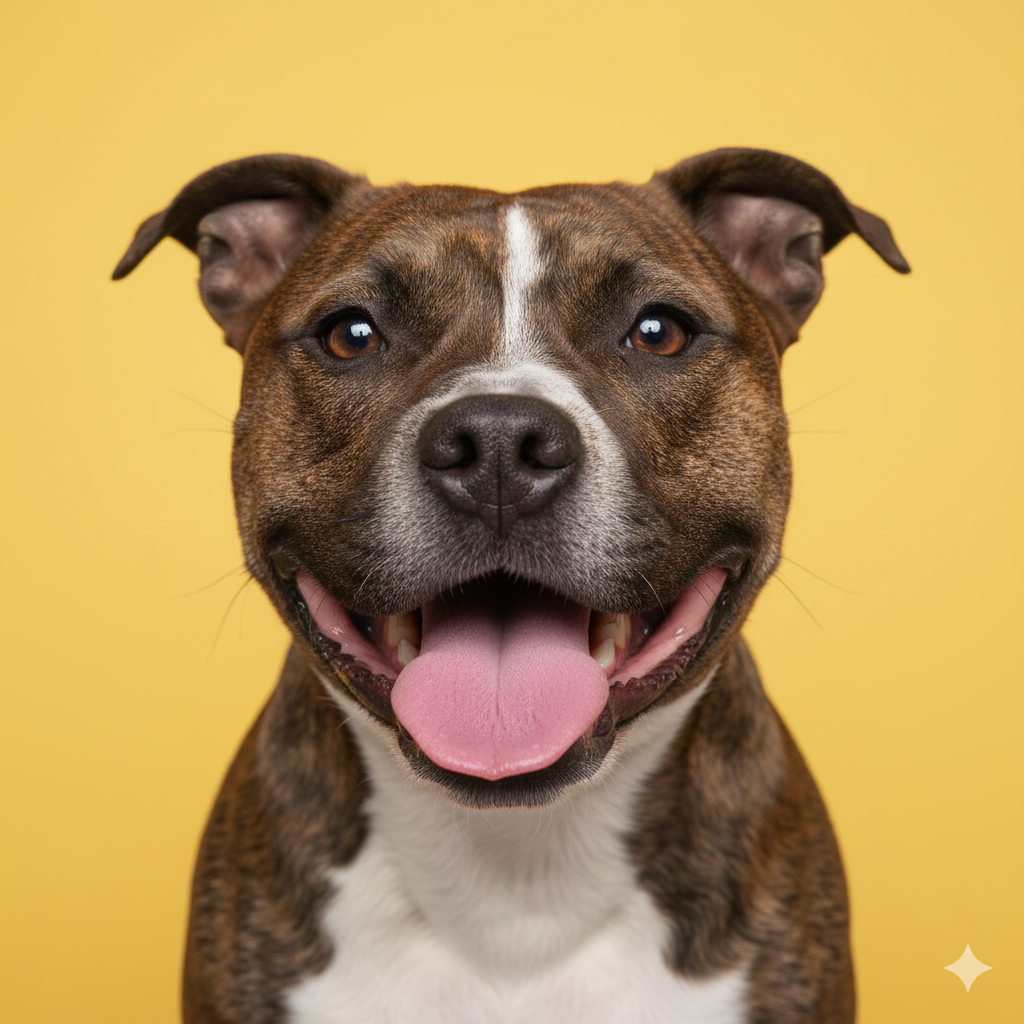 Smiling brindle Staffie looking at camera