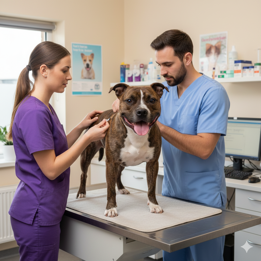 Veterinarians caring for a Staffie at the clinic